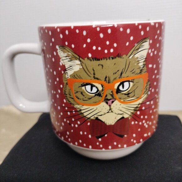 Let’s Dine Stoneware Brown Cat Wearing Orange Glasses Red Bow Tie Coffee Tea Mug - Picture 4 of 8
